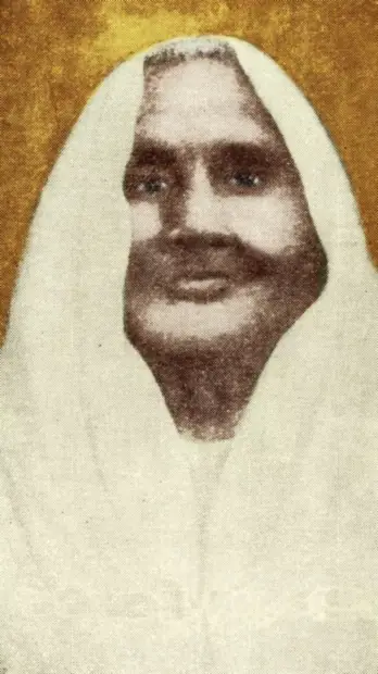 A colourised portrait of Matangini Hazra as an older woman, her white sari drawn over her head, set against a warm golden background.