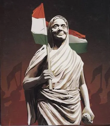 A painted image of the memorial statue of Matangini Hazra holding the Indian tricolour, against a dark red background with silhouetted flags.