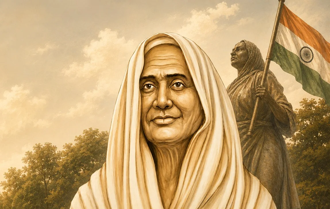 Illustrated portrait of Matangini Hazra with a memorial statue of her holding the Indian national flag standing behind her against a warm sky.