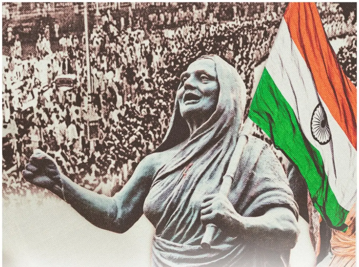 A memorial statue of Matangini Hazra with the Indian national flag, set against an archival photograph of a very large crowd.